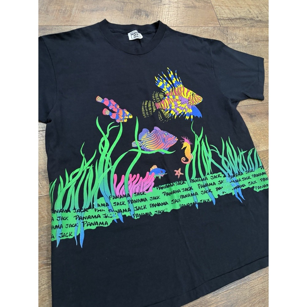 Vintage 80s 90s Panama Jack AOP Neon Fish Tee Made In USA Black XL Single Stitch - Picture 7 of 10